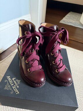 The Office of Angela Scott Mrs. Keira Leather Lace-Up Booties, Burgundy